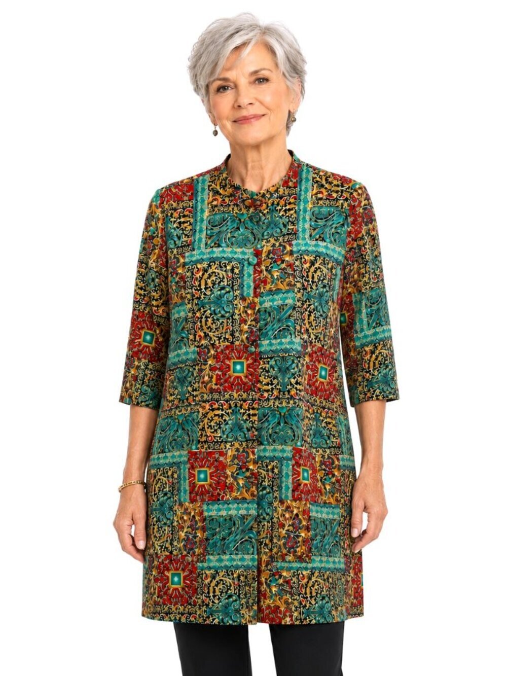 Vintage Adrianna Papell Turquoise Blue Red Gold Scroll Print Silk Cardigan